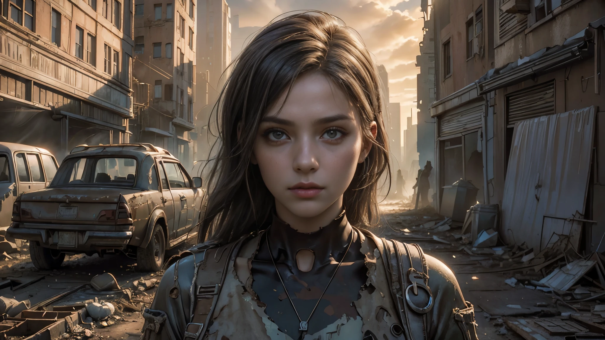masterpiece, high resolution, 8,000,( Portrait Photos:1.5),(R original photo),Reality,Digital photography,(Ruins of the Apocalypse , apocalyptic wasteland ),City ruins,Beautiful 20-year-old woman ,sentry, post-apocalyptic scene ,Medium distance photography, Worn Clothes,looking into the camera