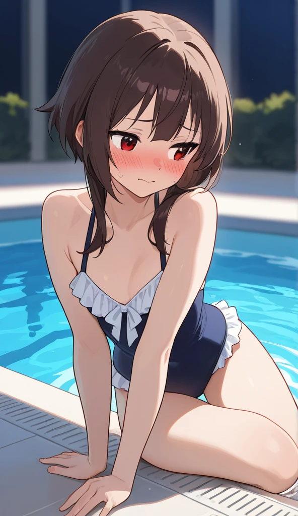 alone, One girl, Yunyun, Cute angry expression with puffed cheeks、(Puffing out my cheeks:1.4)、blush 、View your viewers, Crown braids of the same color as your hair, Red Eyes、hair ornaments, Hair Ribbon, (White and pink bikini)、Poolside