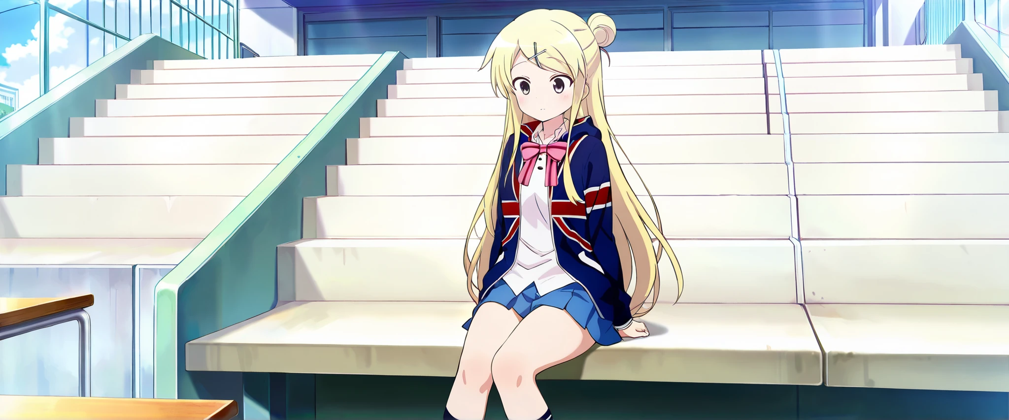 1girl,unwellness(autonomic nervous system disorder and depression) thick thighs Kujou Karen very long hair,blonde hair,single hair bun,hairclip,x hair ornament,sidelocks,side swept bangs,black eyes,white shirt,collared shirt,union jacket,pink bowtie,neck ribbon,pink ribbon,long sleeves,small breasts,miniskirt,blue skirt,black socks,red footwear, sitting alone on the school bleachers
koutei,scenery,outdoors