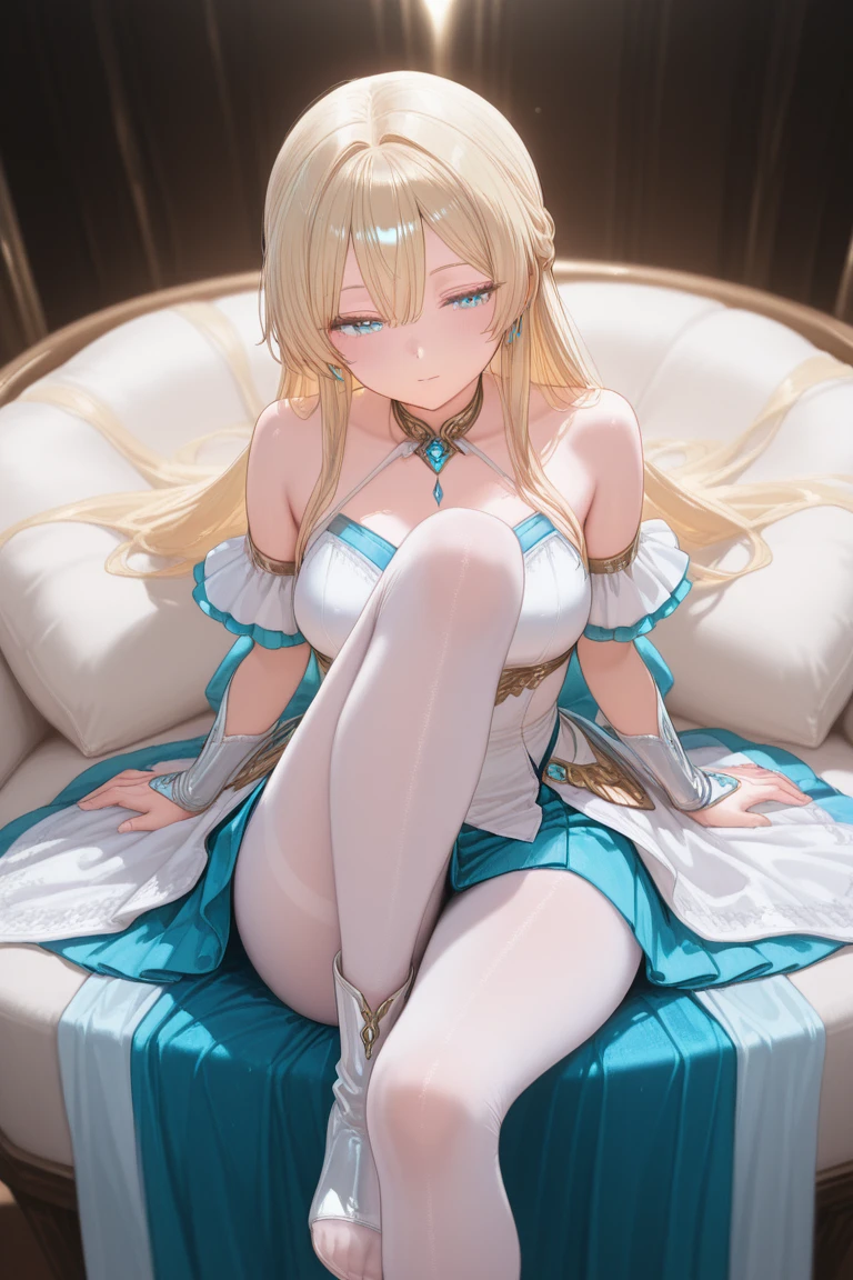 Elf ear, 1girl, tall girl, long hair, blonde hair, blue eyes, anime, blush, bra, corset, mini skirt, lace stockings, white stockings, bed,