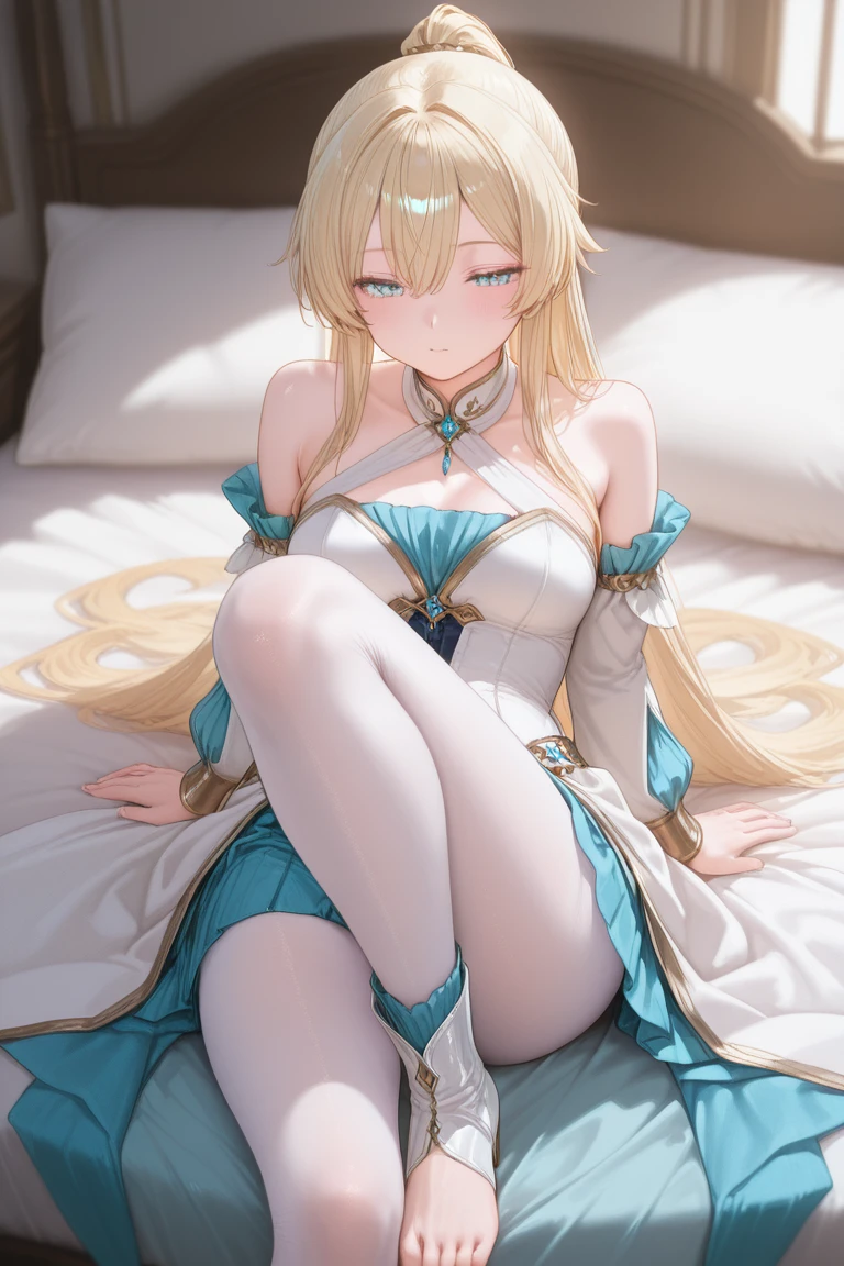 ((top quality, 8K, masterpiece: 1.3)), ((Saber)), (((Artoria Pendragon))), sharp: 1.2, perfect body beauty: 1.4, small breasts, very detailed face and skin texture, the shape of the pubic area is clearly visible, pubic hair visible, ((lying in bed)), (wet skin: 1.1), wet light clothes, light blue underwear, areola visible, (cameltoe)