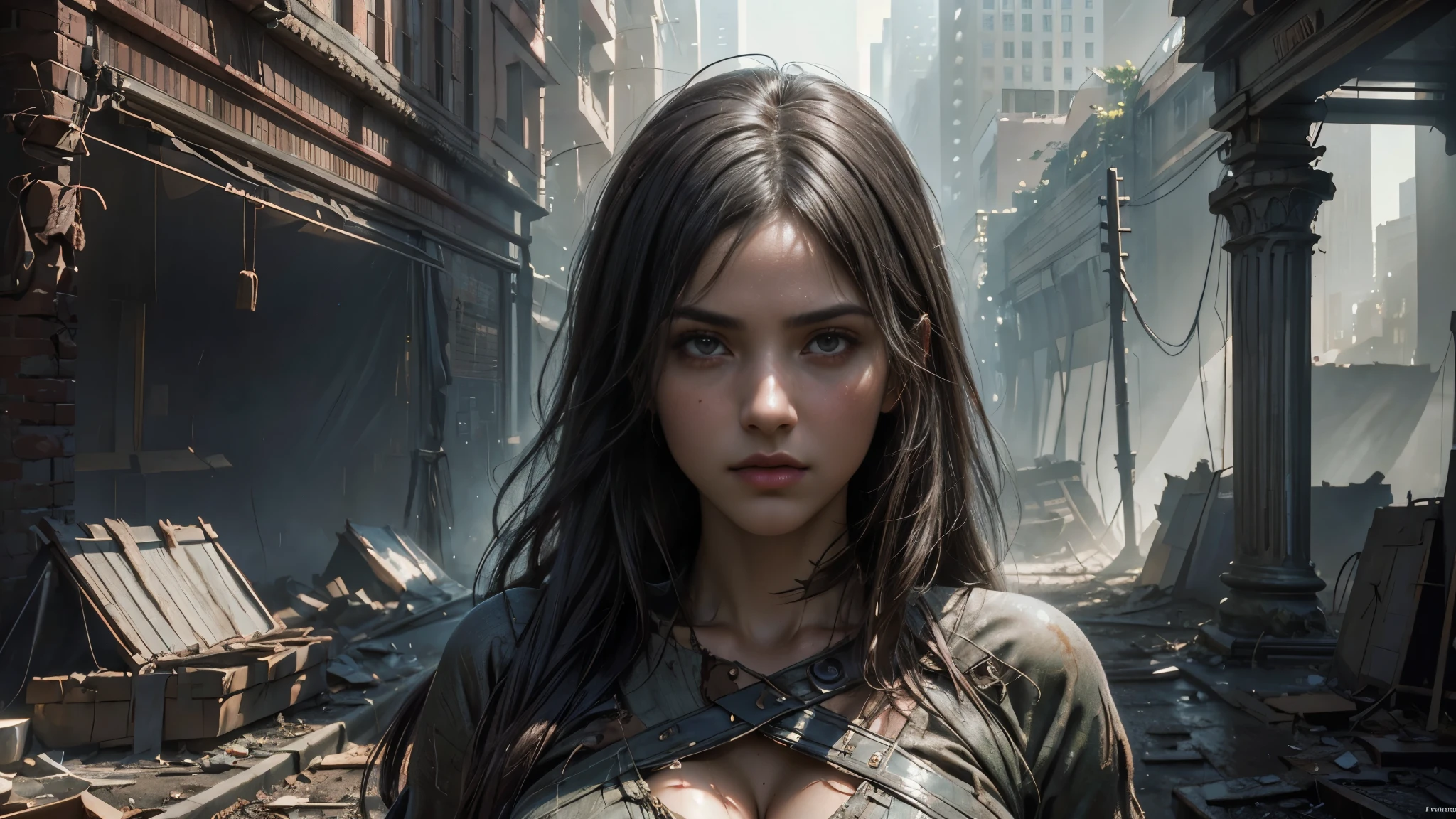 masterpiece, high resolution, 8,000,( Portrait Photos:1.5),(R original photo),Reality,Digital photography,(Ruins of the Apocalypse , apocalyptic wasteland ),City ruins,Beautiful 20-year-old woman ,sentry, post-apocalyptic scene ,Medium distance photography, Worn Clothes,looking into the camera,big breasts,由Greg Rutkowski、 conceptual art by John William Waterhouse, intricate details, 8K Post-production, high resolution , super detailed, are very popular on Artstation , Clear Focus , depth of field/1.8,