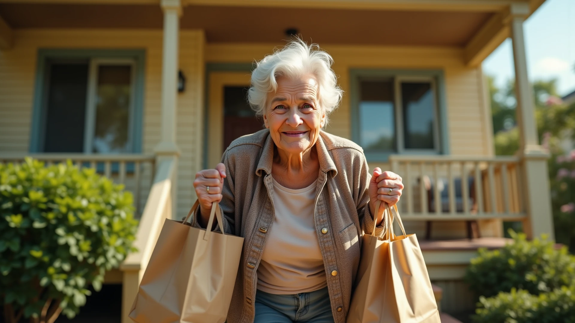 an old, He's light brown, very short semi-bald hair, old clothes and always with a smile on her face and has a magic bag that throws shit