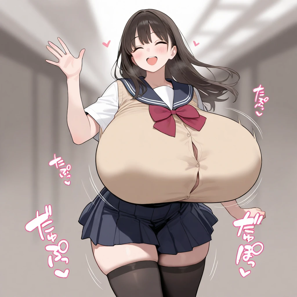 1girl, solo, suspender skirt, white shirt, red bowtie, happy, (gigantic breasts;1.5)