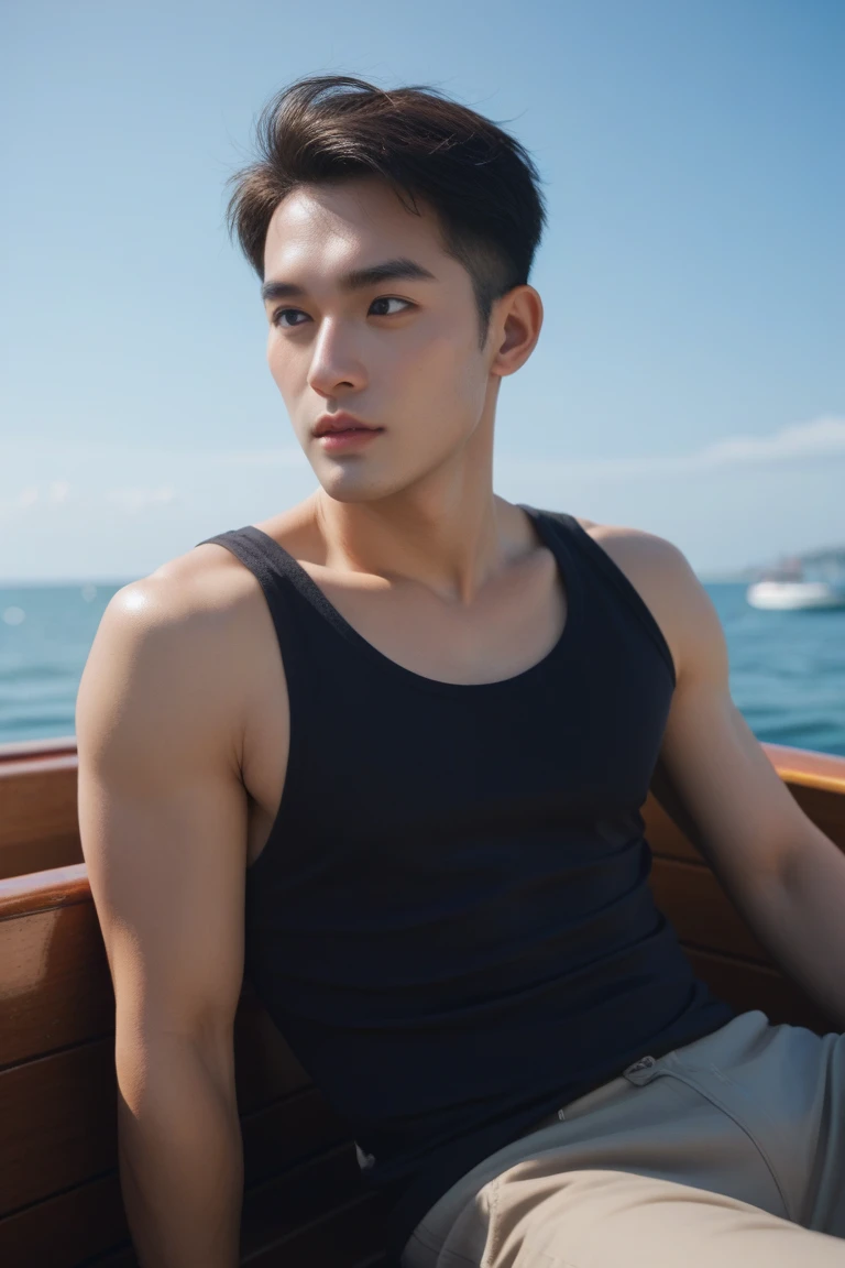 HD quality, high definition, doctor male 18 years old handsome, muscular and slim, red lips, leaning against his boat, naked exposed vagina, model with bracelets, earrings and Necklace, wearing sunglasses, open vest, fully nude and naked body, eyebrowse angry, side view, wearing lab cloth, with stethoscope in his neck, in the laboratory