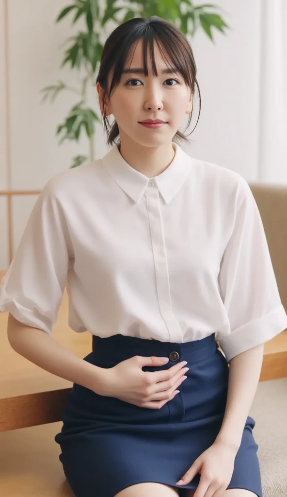 Beautiful Japanese Woman, Soft skin and a nice perfect face, A small face with a nose and rosy lips, Beautiful Eyes, Beautiful smile. black, Surrounded by a bright, ethereal glow、Thin, long, beautiful hair. A loose, short hairstyle with gradation highlights and layers of greyish beige, Navy band collar shirt x yellow houndstooth flare skirt, Bright neon colorful background, Hyperrealistic female photos, High quality high resolution 8K masterpiece
