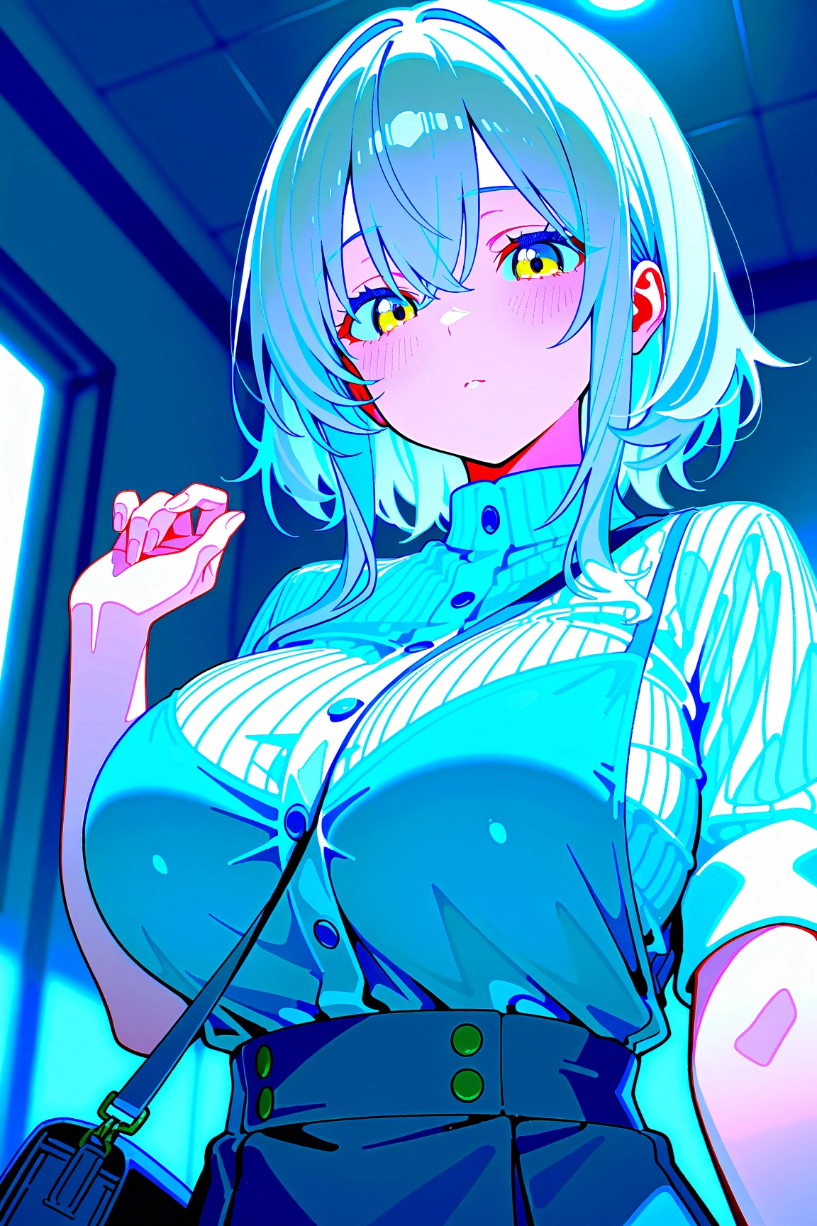 perfection、Extremely detailed depiction、Professional illustrations、Cinema Lighting、Light and shadow、Detailed face、Detailed eyes、Android 18、Android18、blonde、short hair、blue eyes、Big Breasts、Large Breasts、High School Uniform、Grey jacket、White blouse、mini skirt、locker room、Lean forward slightly、Best Angle、Sweaty、Changing clothes、bra、shame、small、Moisturized eyes、smile、Sweat like a waterfall、hot

