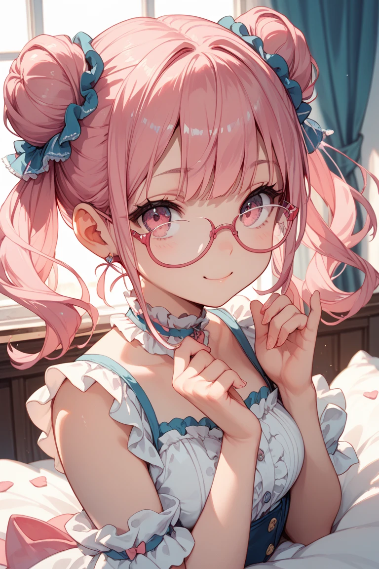 anime girl with pink hair and glasses in a red dress, anime moe artstyle, pink twintail hair and cyan eyes, my dress up darling anime, , made with anime painter studio, 8k!!, sakura petals around her, anime styled 3d, sakura kinomoto, gapmoe yandere, stylized anime, anime stylized