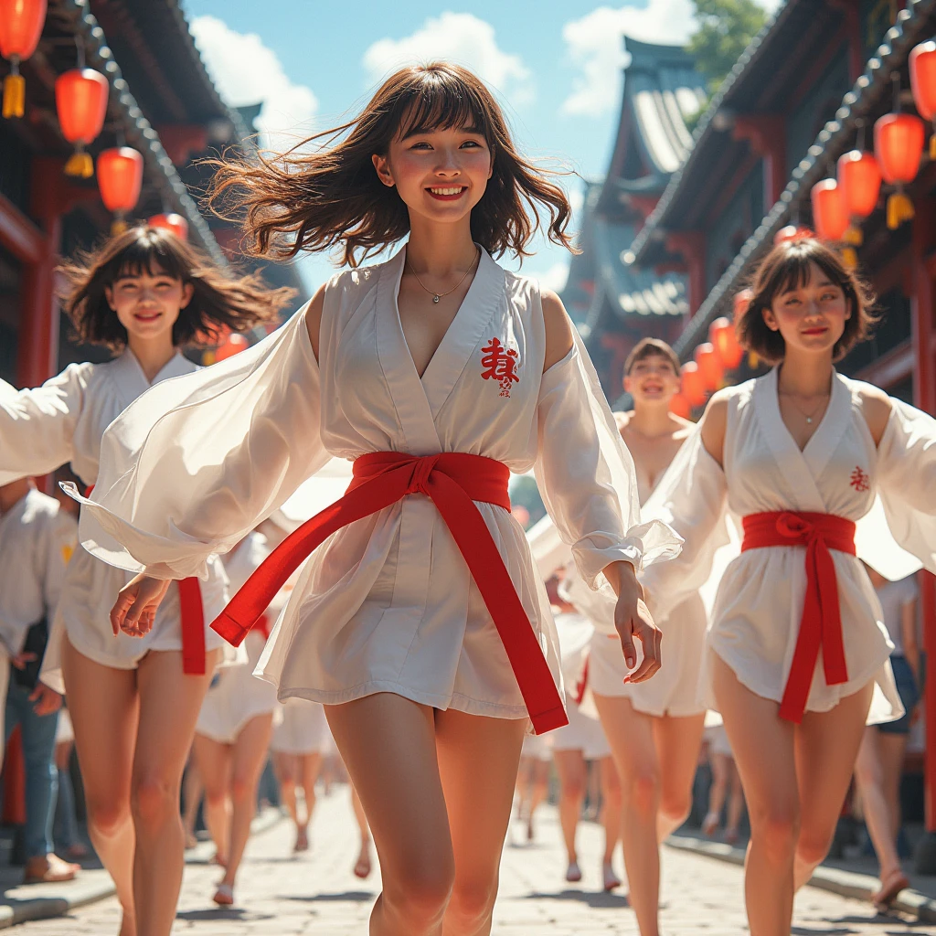 White and red, Very detailed(((A group photo of KAWAII girls wearing white loincloths and sashes at the Hakata Gion Yamakasa festival))), {(Standing full body:1.2)|(From below:1.2)}, {Different types of hair colors|Braided bun hairstyle|Bowl Cut}, (A KAWAII face with attention to detail, Transparent, finely textured, radiant pearl skin), {Flower Hairpin | White happi coat with red obi | fan |(Childish:1.2)|(Huge cleavage:1.2)|(Underbust:1.2)|((Asfocus)Round little ass)}, (((barefoot, No leg wear)))  break  (Accutance:0.85), (Professional photo masterpieces) (RawPhoto Photorealistic:1.37), {Flowers | Downtown|Busy Street|(A female student passing by)| Lantern | neon | illumination | mist}, {(Dazzling Blurred Colorful Lights)|(Red Cloud)}, Mystic Site, {:p|:D|smile|Shine|Joyful|was happy}, DuskSky and ((Dazzling rainbow particles (Bokeh))), SFW, 