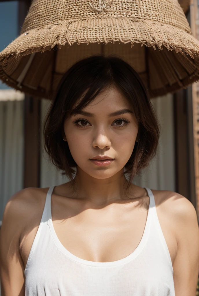 ((best quality)), ((masterpiece)), (detailed), Perfect face, young Japanese woman, short hair, wearing a two-piece swimsuit, orange, thin cloth, in the morning, standing against an orange wall., realistic, plant, tree, buttons, blurry, sunlight, flower
