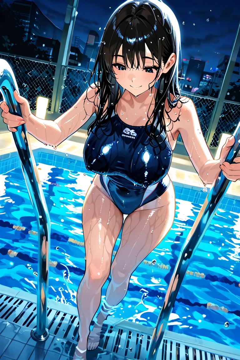 (Best quality, 8k, 32k, Masterpiece, UHD,:1.2),RAW, human, 1girl,ultra cute , ultra cute, natural lighting,transparent shining eyes, 20yo,medium breast ,femur, fair complexion , flushed face, Cameltoe:1.4, sweat, brown loafers, spreading legs:1.3, ((squatting)), ((old school swimsuit:1.3)), black long hair、((poolside)), arms behind head, embarrassed smiling, wedgie, wet skin, wet hair, From Below, Closeup shot, (no shoes:1.5)