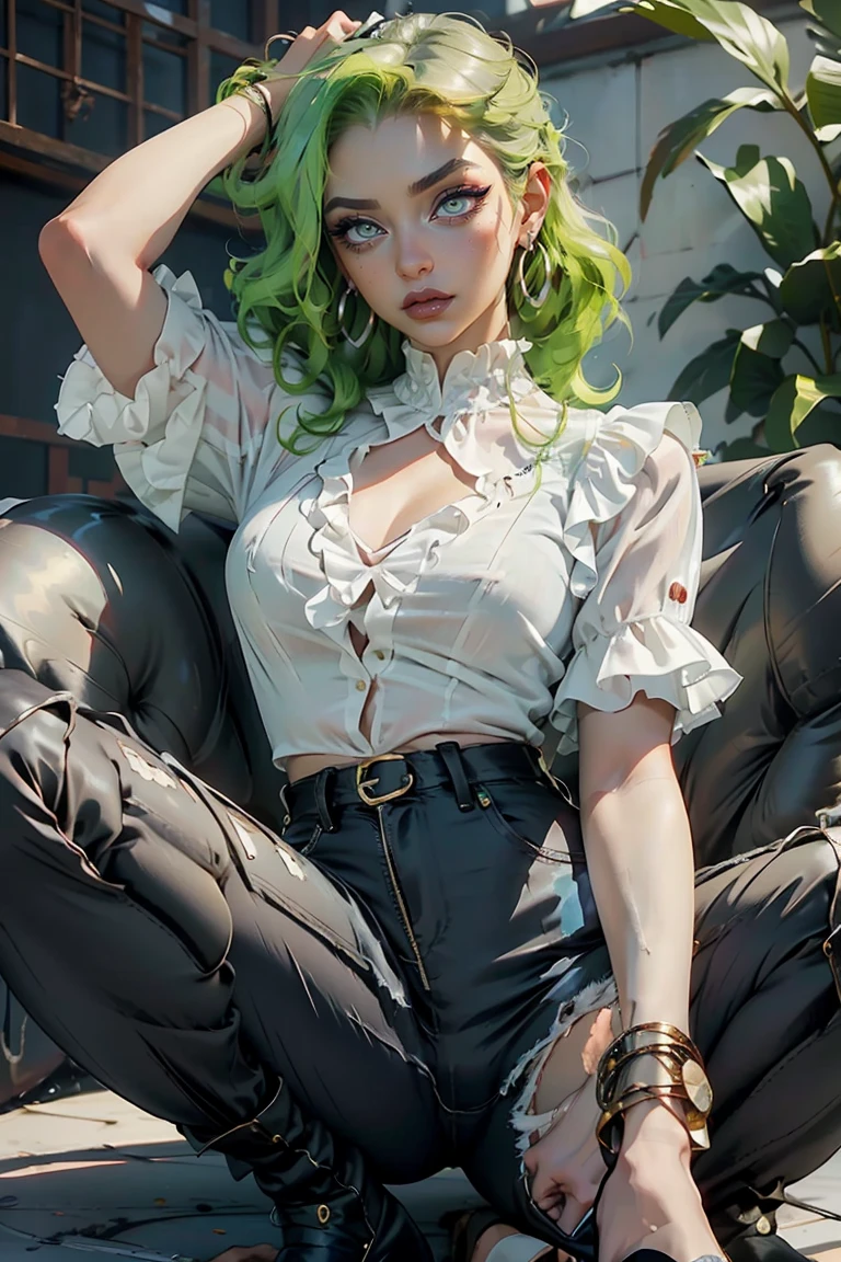 Woman, hair green, scar above the nose, Bust Big, short hair tied, sitting in a box, smoking a cigar, fur coat on her back, white blouse, black pants