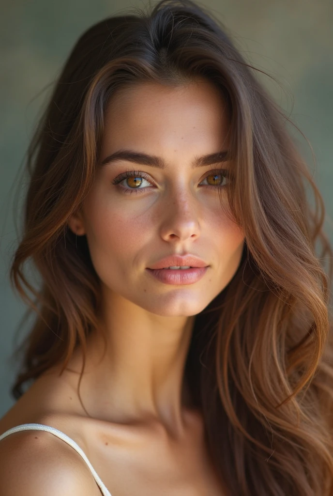 (one-1-person:1.2), beautiful French lady, brunette, no smile, dark makeup, hyperdetailed photography, soft light, head and shoulders portrait, cover, natural skin tone, skin detail, facing head full towards camera, looking direct at camera, soulful gaze, head shot, head position straight