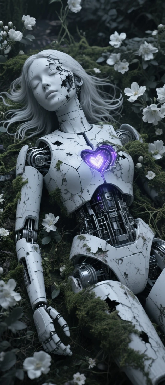 モノクロームのSilenceな花園。only the robot is lightly colored、quietly illuminate the beautiful boundary between death and beauty。At the heart of it all、and the figure is already drawn like a sublime sculpture。half of the face is completely destroyed、swaying slightly in the wind。white and gray flowers bloom profusely、One arm and one leg are missing、a damaged and decaying female robot is lying down。there is no chest armor、the armor in various places has peeled off and exposed the internal machinery {x} only the core device equivalent to the heart emits slight light。What is the、and the fusion with nature、moss and vines are entangled。world doing She is sleeping as if time has stopped、Imperfection、Silence、is、time is engraved on her body。and the fusion with nature、a quiet monochrome flower garden、A heart of purplish metal and light、the bluish metal and heart of light。