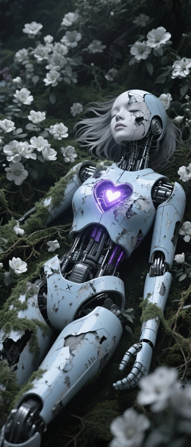 モノクロームのSilenceな花園。only the robot is lightly colored、quietly illuminate the beautiful boundary between death and beauty。At the heart of it all、and the figure is already drawn like a sublime sculpture。half of the face is completely destroyed、swaying slightly in the wind。white and gray flowers bloom profusely、One arm and one leg are missing、a damaged and decaying female robot is lying down。there is no chest armor、the armor in various places has peeled off and exposed the internal machinery {x} only the core device equivalent to the heart emits slight light。What is the、and the fusion with nature、moss and vines are entangled。world doing She is sleeping as if time has stopped、Imperfection、Silence、is、time is engraved on her body。and the fusion with nature、a quiet monochrome flower garden、A heart of purplish metal and light、the bluish metal and heart of light。