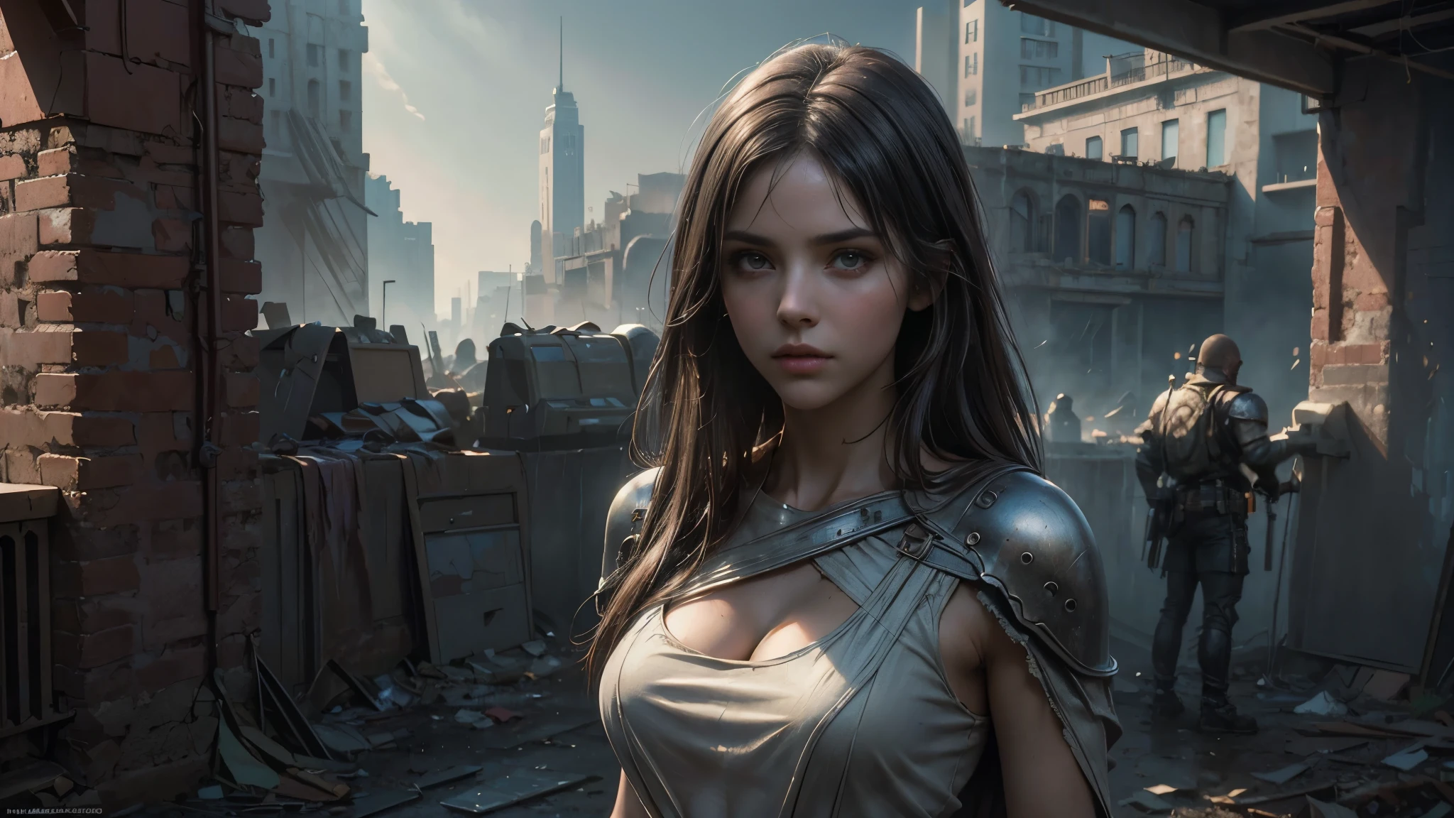 masterpiece, high resolution, 8,000,( Portrait Photos:1.5),(R original photo),Reality,Digital photography,(Ruins of the Apocalypse , apocalyptic wasteland ),City ruins,Beautiful 20-year-old woman ,sentry, post-apocalyptic scene , upper body photography ,showing her navel, Worn Clothes,looking into the camera,big breasts,由Greg Rutkowski、 conceptual art by John William Waterhouse, intricate details, 8K Post-production, high resolution , super detailed, are very popular on Artstation , Clear Focus , depth of field/1.8,