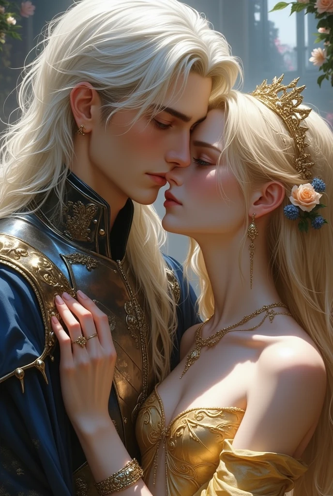 the kiss (Young Nymph and Male Knight), in river, Man in armor, A girl (in a thong, glitter on the face, Dragonfly, Filigree, There is a scattering of glitter around, Foreshortening from above, mother-of-pearl scales, Bodypainting, tinsel+Sequins, Ethereal brilliance, Face detailing, plump wet lips, long eyelashes). hyper realisitc, real-photo, Art Nouveau, surrealism, River water lilies all around, , soft light, hight resolution, higly detailed, 30mm lens,1/4000s, f/2.8, ISO 300, octan, photo realism