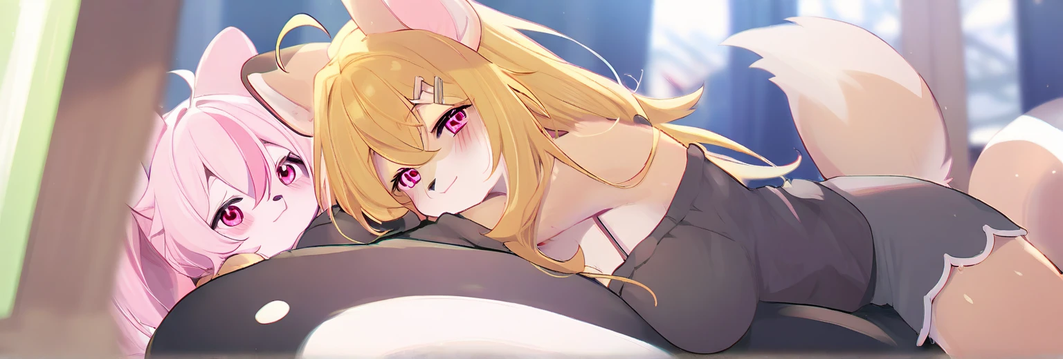 One girl、A little sexy、Blonde、Red sparkling eyes、detailed cute eyes,(glowing eyes:1.4),laugh heartily,((Droopy eyeole on left cheek,Medium Curl Hair、Dog ears、Lying down、Golden Room、pearls choker,sensual pose,