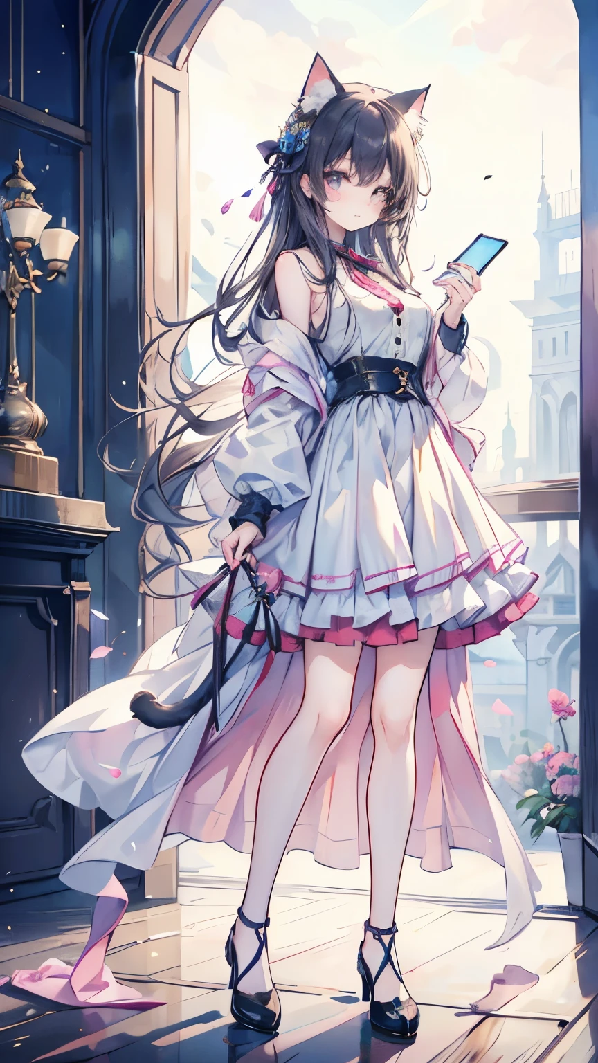 Cuteness, beautiful ,charming cat girl ,standing stunning background