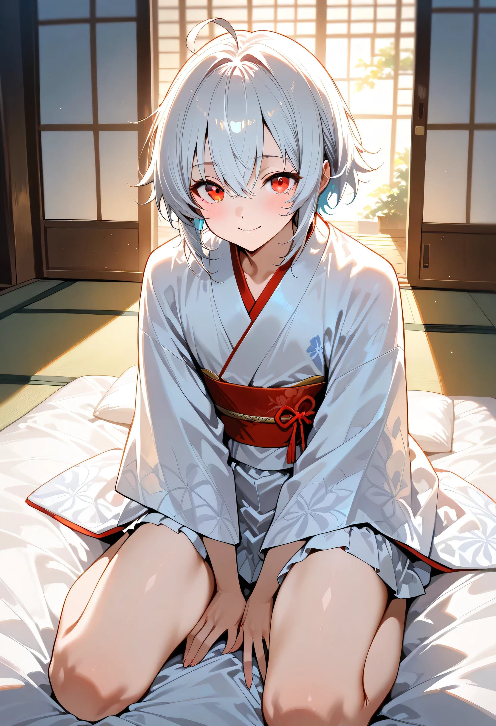 score_9, score_8_up, score_7_up, source_anime, masterpiece, solo, ((femboy)), ((feminine male)), ((Ahoge)), White very-short hair, red eyes,((((white miniskirt kimono)))), kind smile, blish, BREAK ((Japanese bedroom), on the futon, wariza, hands between legs, in the morning, looking at viewers,