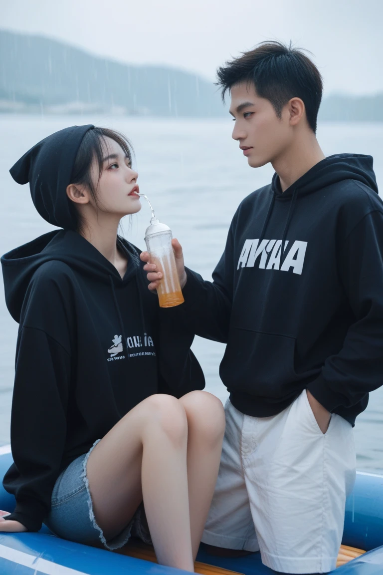 a korean couple looking at the dull sunset view, wearing hoodie, on the beach with city in the background, while their dog near their foot