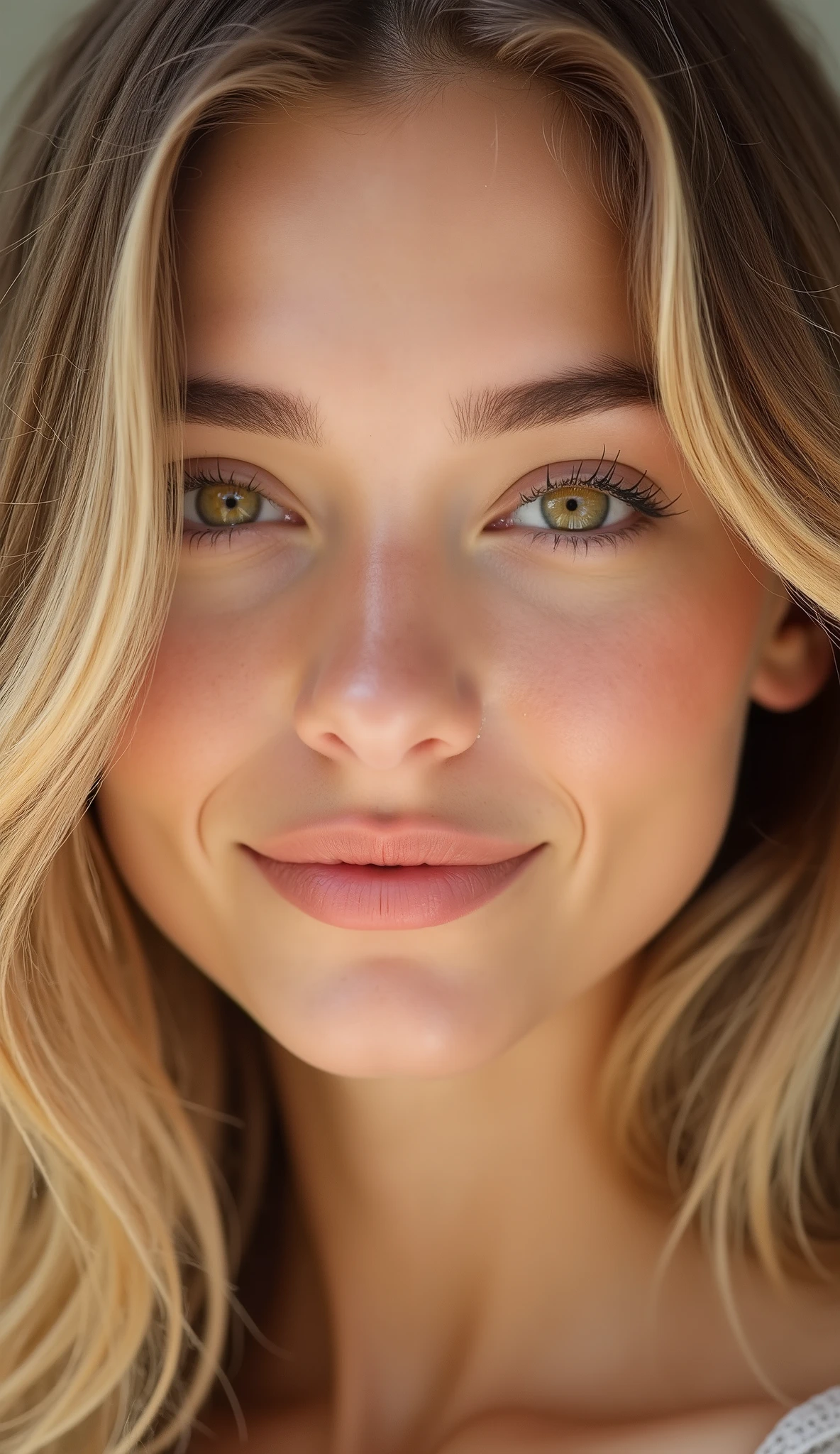 A close-up portrait of a pretty young woman with soft, golden blonde hair that falls in natural waves around her face. She has warm hazel eyes — a blend of green, amber, and light brown — framed by long lashes and gently arched brows. Her skin is smooth and lightly sun-kissed, with a subtle, healthy glow. Her lips are full and softly pink, curved into a gentle smile. Her face is heart-shaped with delicate, feminine features. The lighting is warm and flattering, enhancing the golden tones in her hair and the depth of her eyes, creating a soft, inviting expression.