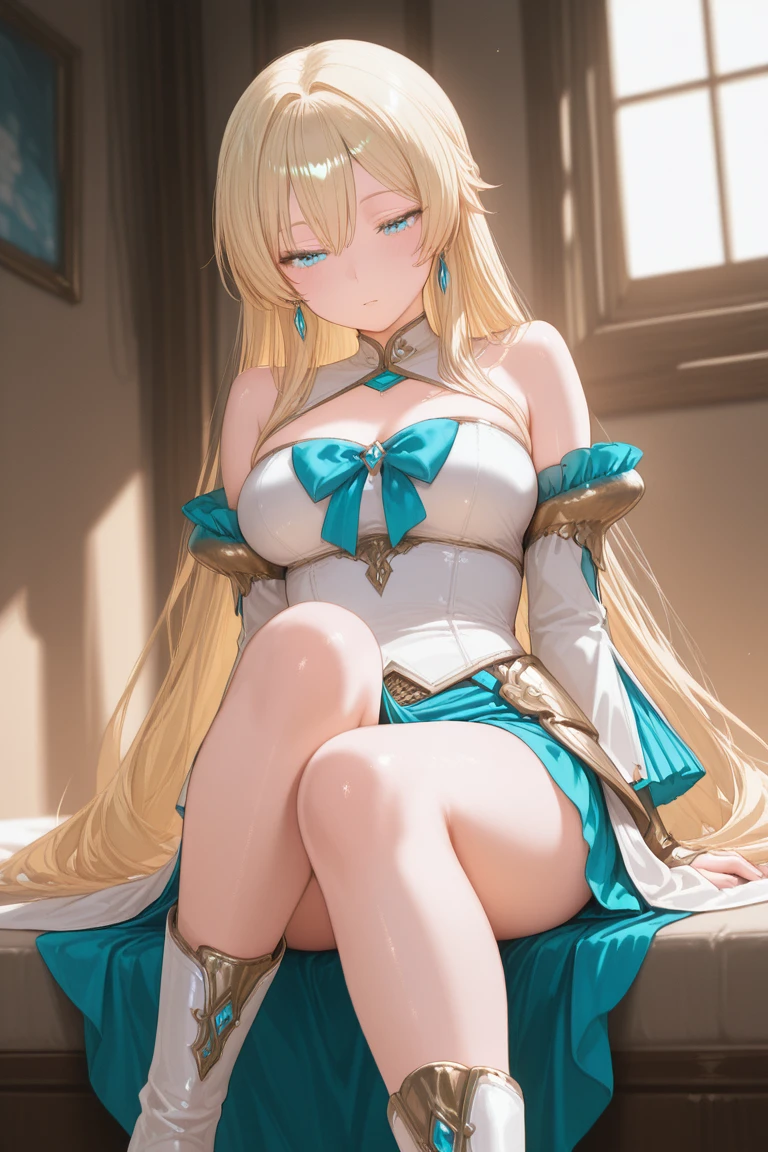 The best quality picture quality at masterpiece,A unique girl,There are chests,blue colored eyes,Reveals beautiful long hair,Bare shoulders,Wearing the costume of Minomiya Komi,Elegantly displayed,Blonde hair。