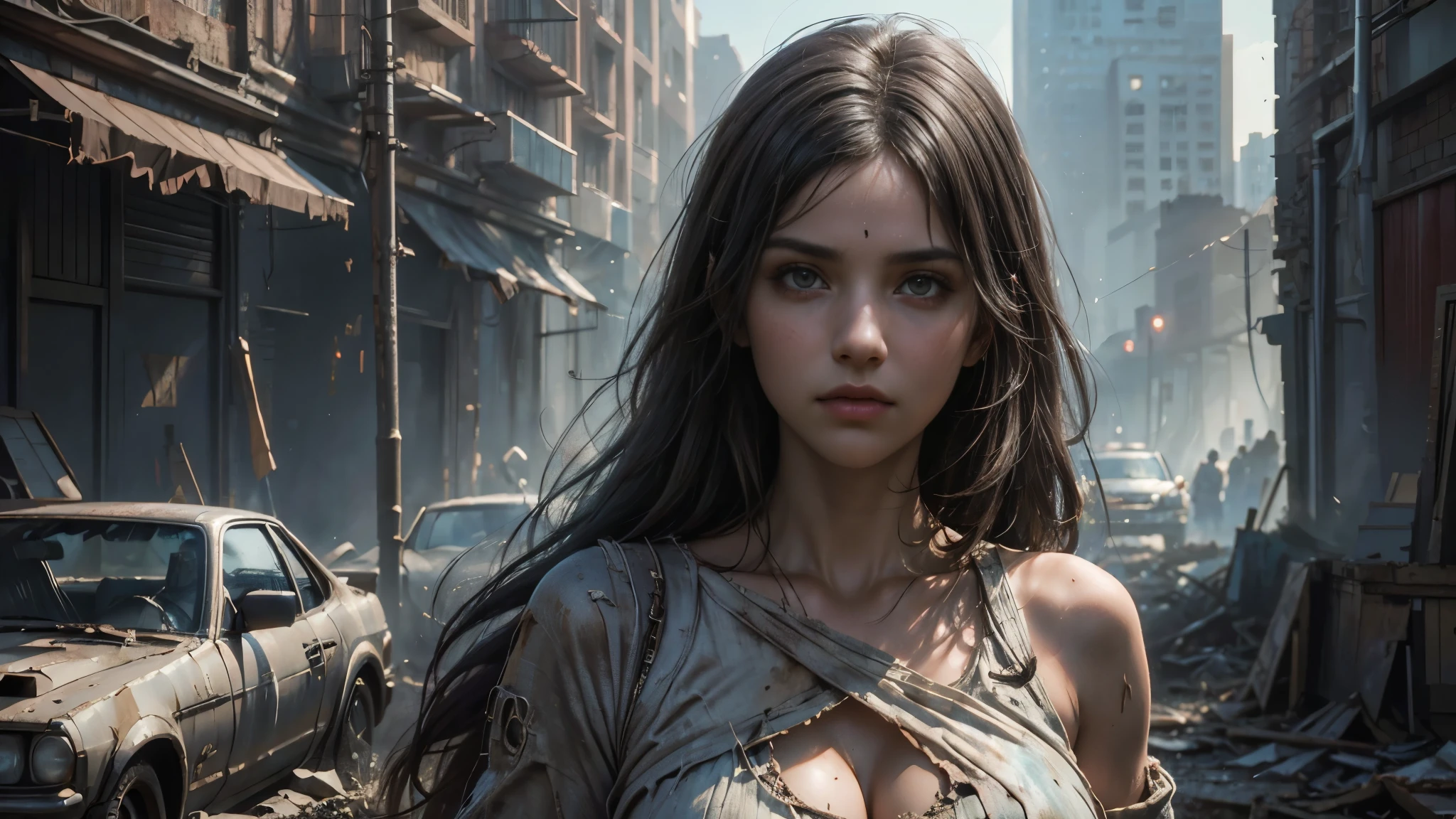 masterpiece, high resolution, 8,000,( Portrait Photos:1.5),(R original photo),Reality,Digital photography,(Ruins of the Apocalypse , apocalyptic wasteland ),City ruins,dirty 20 year old woman,sentry, post-apocalyptic scene , upper body photography ,showing her navel, Worn Clothes,looking into the camera,big breasts,由Greg Rutkowski、 conceptual art by John William Waterhouse, intricate details, 8K Post-production, high resolution , super detailed, are very popular on Artstation , Clear Focus , depth of field/1.8,
