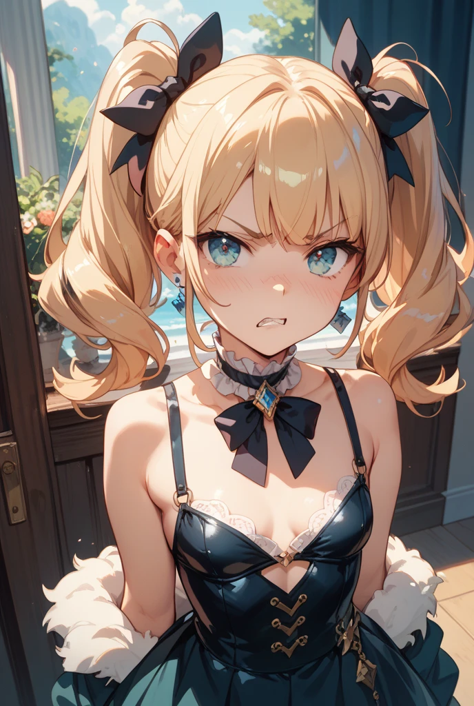 ((masterpiece)), ((best quality)), ((ultra-detailed)), (illustration), ((an extremely delicate and beautiful)), masterpiece, high quality, Draw a detailed face, blurred background, 4K, ultra-intricate pupil in eyes, shiny eyes, parted lips, kawaii, cute, , slender, (ultra delicate and beautiful skin), perfect anatomy, (masterpiece, best quality), (ultra-detailed 8K), (perfect design), highres, ((blush)), (super fine illustration), masterpiece, best quality, (amazing, blunt bangs), high resolution, cute face, masterpiece, best quality, extremely detailed, anime, beautiful girl, ((1girl)), long hair, ((nsfw)), ((full body)), ((blond hair)), ((twintails)), ((dress)), ((aquamarine eyes)), (elaborate crown), (skirt lift), (panty shot), smile