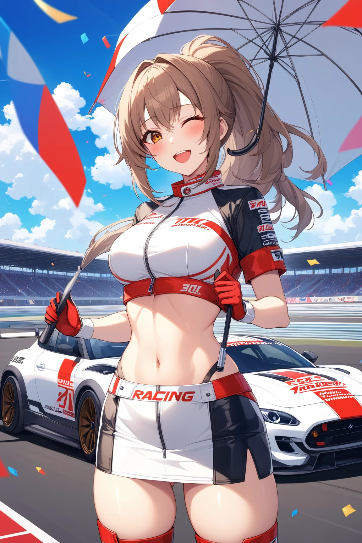 A woman wearing a race queen costume with white and red colors, orange red hair, orange eyes, purple eyes, big breasts, leather boots, next to a white race car with red details, standing, on the race track, perfect car. UHD , prime work , accurate , anatomically correct , textured skin , super details , high quality , best quality, 8k, high resolution, bokeh effect. (woman alone),