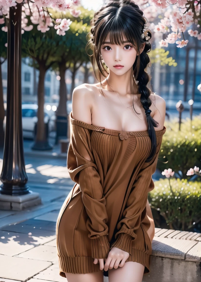 (masutepiece:1.3, Photorealsitic:1.4, 8K), top-quality, masterpiece, 超A high resolution, Perfect dynamic composition, Highly detailed skin and facial texture:1.3, A detailed eye, Detailed limbs, Street corner on an autumn night:1.1, 1girl in, Cute sexy 19 year old tall Japan woman, Fair skin, tilt the neck, ((Enraptured look:1.1, Furiously tempts you:0.9)), (Wearing an emerald green off-the-shoulder long sweater:1.1), Huge chest on the verge of bursting:1.05, cleavage:0.7, ((Beautiful blue eyes, Eyes that feel beautiful eros:0.85)), a belt, Denim tight skirt, Brown Long Boots, (Beautiful legs, cross-legs sitting), Sexy face:0.4, red blush:1.1, ((A mouthfeel that feels beautiful eros:0.85)), ((Too erotic:0.9)), Silver necklace