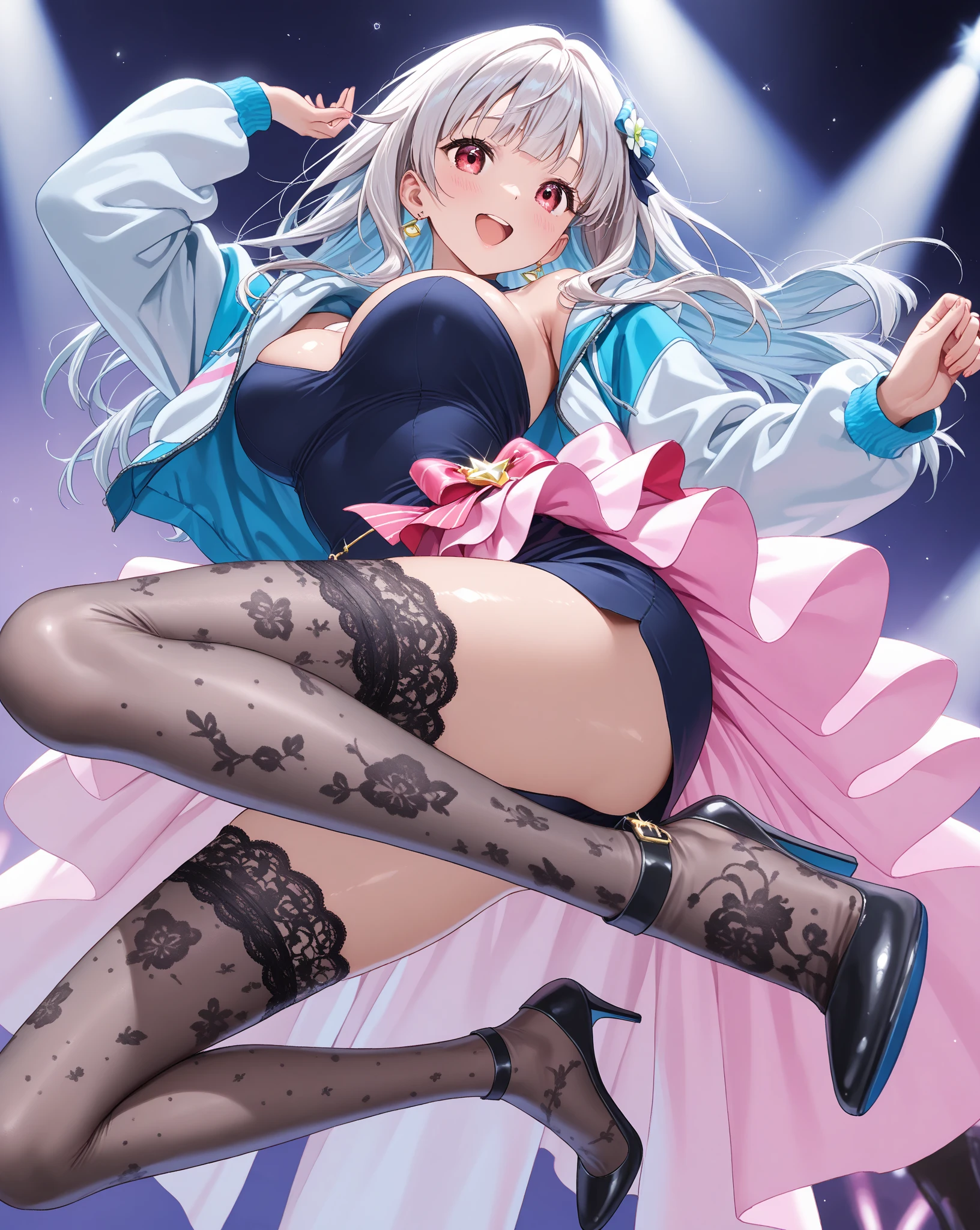 woman,20-year-old,,party venue,night,(((white bunny girl))),open mouth smile((leather thigh high boots))(),,blush、,((raise one leg))()