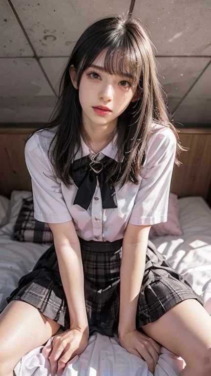 best qualtiy, 超高分辨率, (realisticlying:1.4), 1girll,Pretty woman with slender figure:1.4,18 female high school students are sexy,White skin,二重まぶた,Delicate eyes,white short blouse,pink necktie,Pink pleated skirt,Over the knee black silk,Being in the room,sitting on a white bed,Fascinating expectations,Brunette half front half,Half in the back,Pose on the bed in a short skirt and shirt,JK school uniform,short- sleeved,tiedshirt
