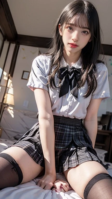 (8K、RAWphotograph、Highest quality、masterpiece:1.2),(Spread your legs wide,Spread your legs wide open),(Long Bob Cut),Looking at the audience,Front view,strong,erotic,student,white、The bra is very,whiteい肌,knees,(Black Pantyhose),Absurd,Small face,前hairを真ん中から分ける、The forehead is visible,(Embarrassing,きついeye,Glare,strong,skinny,skinny,Irritated)、masterpiece,Highest quality、Ultra-high resolution,Raw Panties,only,Beautiful poop,One person, One personで,whole body、cute、Return to student,JK Uniform,high school girl,Japanese women,Are standing,(Realistic:1.37)、Photon Mapping,Realistic、cuteSmall face,brownのeye、(Red bow tie)、Radio City、物理ベースのonlyダリング、Zenikichi、Written boundary depth、Blurred Background、photograph,girl、body,Beautiful feet, Long legs, Thin legs,Tie your hair into one strand on your chest,(前hairが見える), hair, lips, green_eye, Soft Nose,(whiteのシャツ), (brown, ベージュとwhiteのチェック柄プリーツスカート), kneesが見える,Light clothing,, thigh, black cotton socks,Nogizaka idol, actress, Japanese ID、Big and ample breasts、Cleavage、Unbutton your shirt and look at your chest、(The detailed shape of the female genitalia is clearly visible: 1.4), Masturbation Girl,whole bodyphotograph、Lift your skirt yourself、Highest quality、Low people々、、、very good、very good、No pubic hair、The genitals are wet、School、Inside the school building、Schoolの廊下、Black kneese-high stockings、Black kneese-high socks、