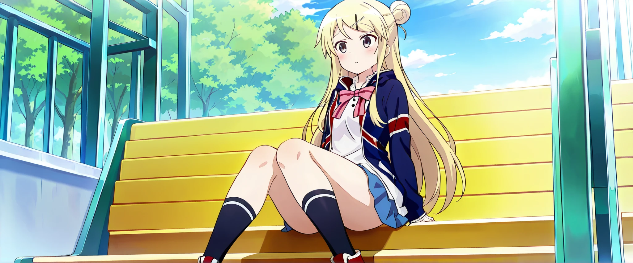 1girl,unwellness(autonomic nervous system disorder and depression) thick thighs Kujou Karen very long hair,blonde hair,single hair bun,hairclip,x hair ornament,sidelocks,side swept bangs,black eyes,white shirt,collared shirt,union jacket,pink bowtie,neck ribbon,pink ribbon,long sleeves,small breasts,miniskirt,blue skirt,black socks,red footwear, sitting alone on the school bleachers
koutei,scenery,outdoors