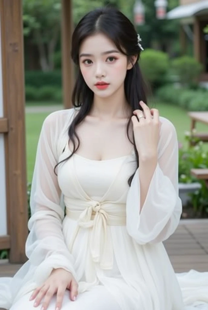 <lora:girl_05:0.8>,nude,super high resolution,best quality,Photos,4k,(Realistic:1.2),1girl,solo,long hair,white dress,see-through,standing,looking at viewer,outdoors,black hair,fairy sister,jewelry,long sleeves,realistic,day,<lora:åç:0.4>,