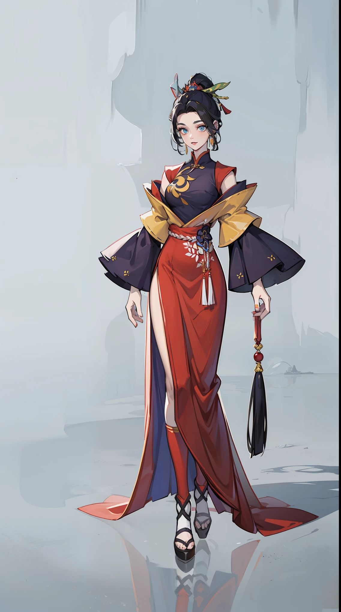 ((masterpiece,best quality,8k,highres)),((character concept art)), 1 female, princess of hell, 175cm height, long hair,(black hair colour), ponytail, ultra finely detailed eyes,(soft purple eyes colour), extraordinary charming, confident smile, shapely breasts, perfect body shape ((muscular)), ((intricate detail)), super finely detailed hands, ultra finely detailed fingers(((ten fingers))), (sleeveless traditional chinese outfit),(black colour outfit)(stylish), black shoes, ((standing still)), (full body showcase), (show full body), (no logos on background), (no logo), ((plain background)), (((empty hands))), ((plain background)), (((empty background)))