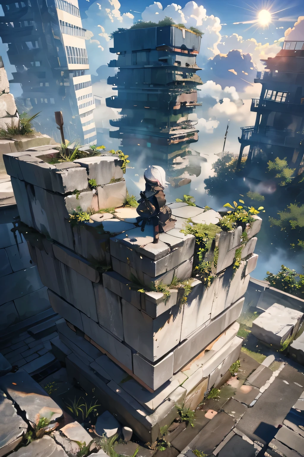 Gravel Mountainと雲海、1人の女の子 standing on top of the rubble , A world above clouds, Gravel Mountain, Ruins and remains of collapsed buildings , A desolate world view , A fantastical landscape with clouds , Morning Sun , A temple on top of the rubble々Stand , Looking into the distance , Hair and clothes fluttering in the wind , The rubble is gray or brown , The sea of clouds is a blue and white gradation , A bright accent color for the bard(red or purple) , light and shadow , highly detailed fantastic art , widescreen of wisteria trellis in full bloom , multiview,
photo quality, masterpiece, best quality, In 8K, high resolution, 1gir, yorha no. 2 type b,
blindfold, (black blindfold:1.5),