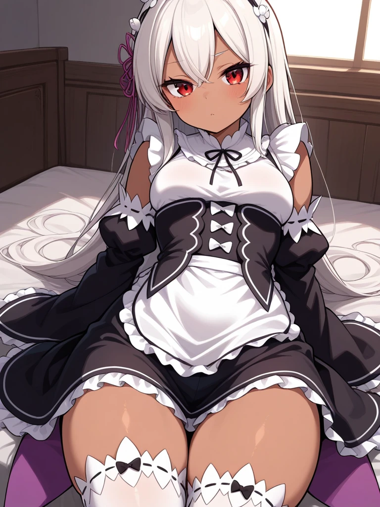 One girl、Sparkling \(Serious: Star Rail\)、Twin tails、solo、Maid、Maidの頭飾り、Maidのエプロン、Knee socks、See who's watching、High heels、(Hold down the skirt、bow: 1.2)、bar \(place\)、indoor、Depth of written boundary、Out of breath、Ecstasy、A seductive smile、masterpiece