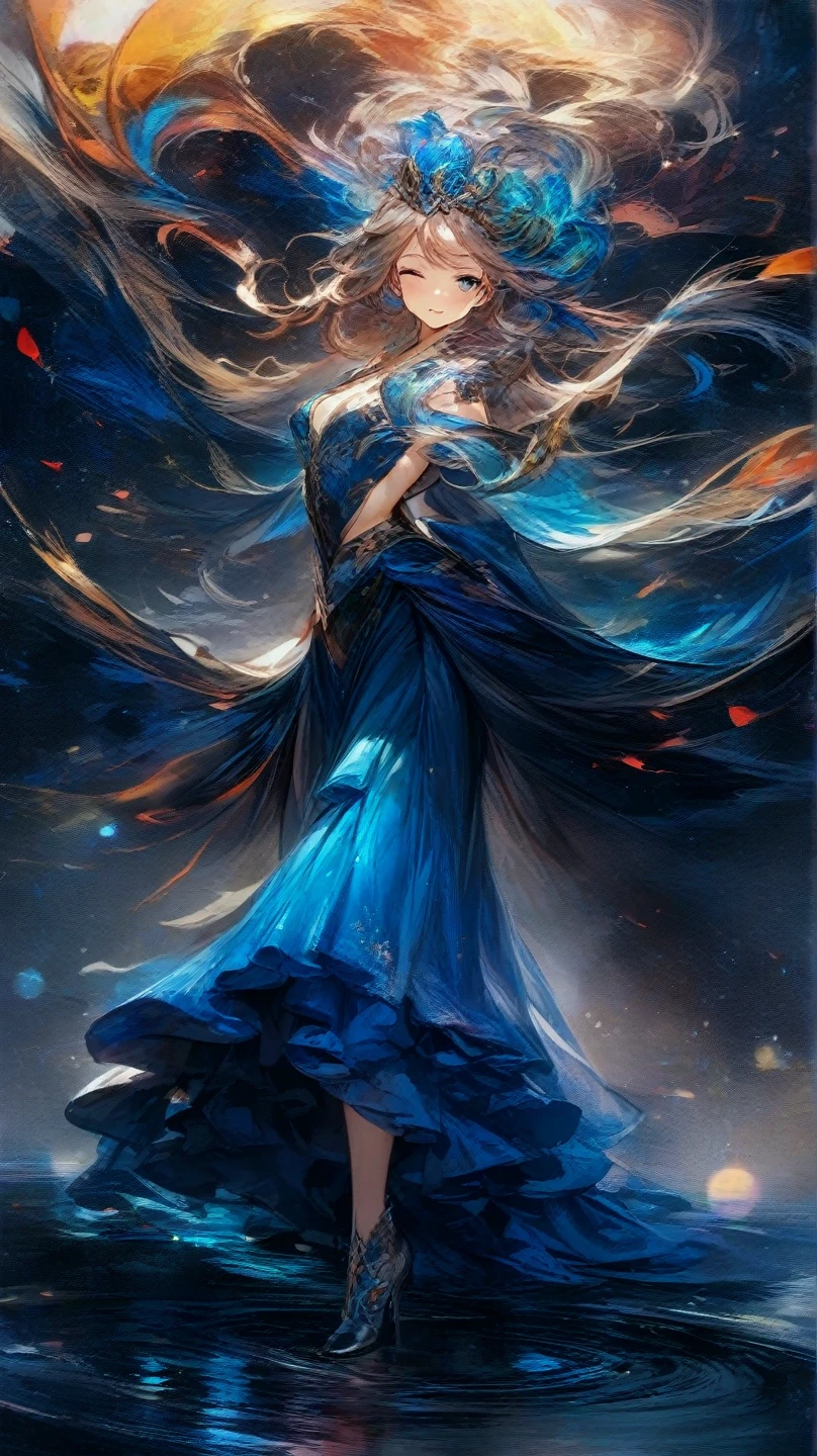 Uma lava lindamente esculpida e poderosa, chamada Blue, depiction of a woman in motion captures the essence of a Renaissance masterpiece. Usando fones de ouvido, levantando o punho, piscando, a DJ electronic music table come on! , Idol, fofo, sorridente, punch in the stomach, futuristic full body coordination, attracting audience, agitation, energetic, dynamic position, brilliant studio, poster type scene, high tension rhythm, eyes The flowing robes and dynamic pose suggest grace and vigor frozen as a team. Esta escultura deslumbrante, possivelmente uma escultura de lava, Exudes elegance and strength, with intricate details that demonstrate the artist's skill and vision. The mix of classic beauty and fiery intensity makes this piece a true work of art..