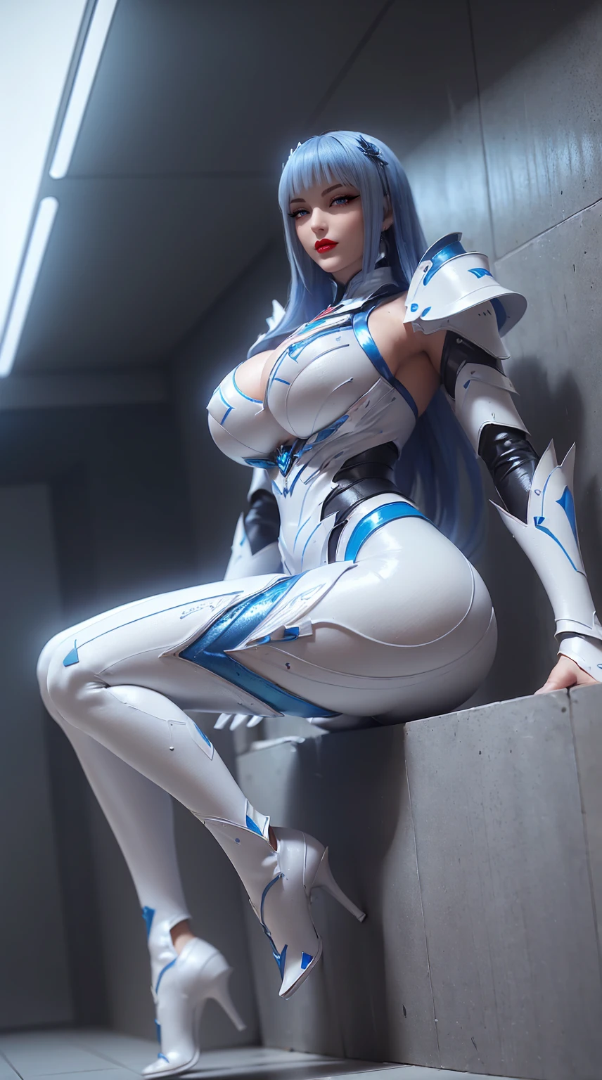 a robot woman, with an iridescent metal alloy body that reflects blue and silver hues. His torso is elegantly sculpted, Highlighting smooth curves and hinged panels. The human face is a masterpiece of engineering, com olhos que emanam uma luz suave e serena, Revealing an almost organic depth. The metallic skin has a finely etched texture, enquanto fios luminescentes percorrem suas extremidades, creating an intricate pattern that resembles a digital network. Cinematic lighting casts soft shadows, highlighting every detail, And your metallic hair cascades, refletindo nuances de cores conforme ela se move. The contrast between mechanical perfection and human expression creates a unique and intriguing presence. Corpo inteiro. Imagem ampla