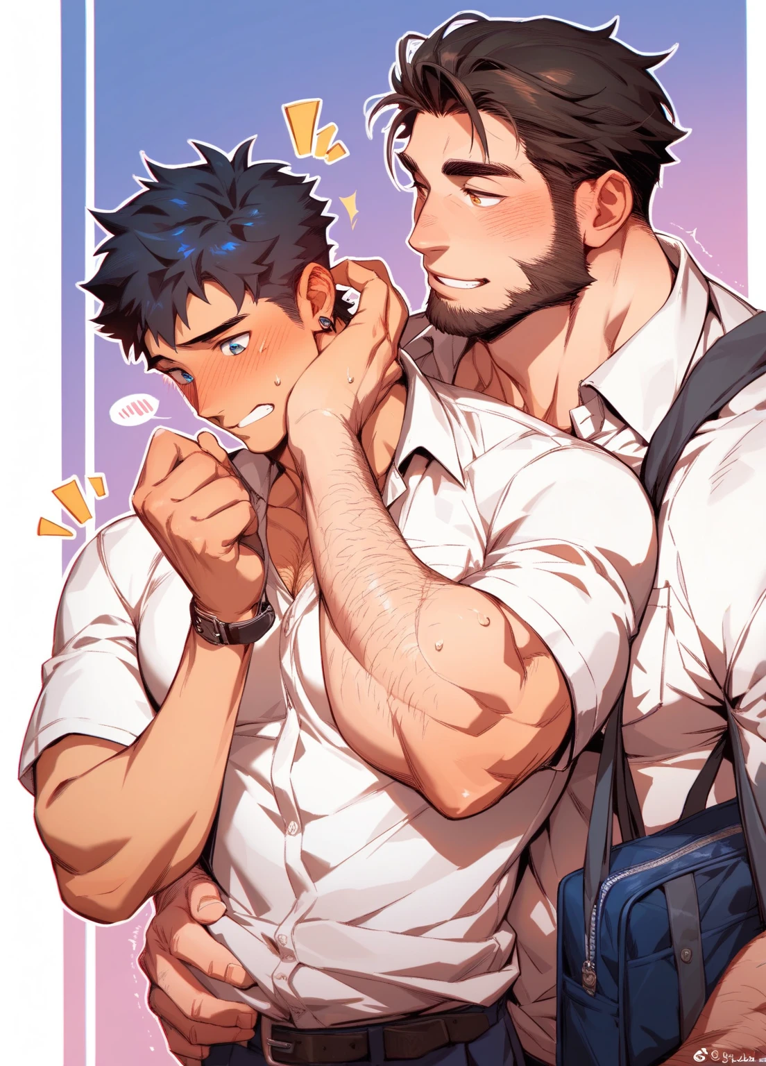 2boy,Bound wrists, bdsm,bondage,bound wrist coupling,side to side french kiss,kissing,male focus,mature,multiple boys,nipple stimulation,nipple twist,profile,receding,hairline, Eyebrow, Undercut,