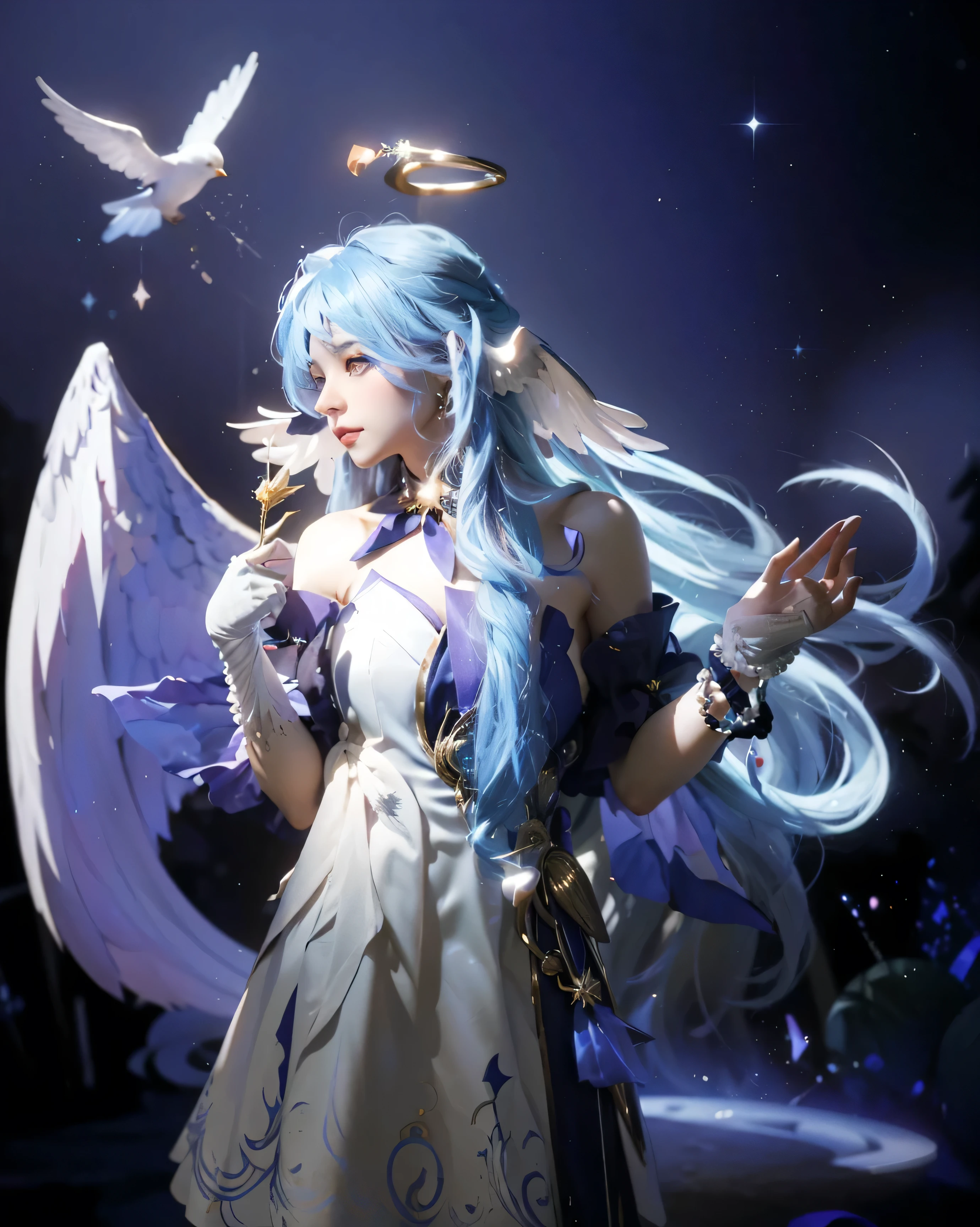 ((ROBIN_HONKAI STAR RAIL),((realistic, photorealistic)),(highlight hair)), Light reflection, (( HD )),((upper body)), (((best quality, masterpiece))), (masterpiece) (best quality) (detail) (8k) (HDR) (wallpaper) (cinematic lighting) (sharp focuasterpiece, best quality: 1.1), Real life adaption of this character, Asian beauty face, Shining Purple eyes, realistic outfit, realistic shadow, realistic light, realism, hyper realistic, realistic background,(photorealistic:1.2), (masterpiece, top quality, best quality, beautiful and aesthetic:1.2),(8k, best quality, masterpiece:1.2), (((masterpiece))),(((best quality))),(((extremely detailed))),who, (masterpiece, top quality, best quality, beautiful and aesthetic:1.2),(8k, best quality, masterpiece:1.2), ((masterpiece,best quality)), 1girl,robin_\(honkai:_star_rail\),head_wings,bare_shoulders,white_gloves,detached_sleeves,strapless_dress,white_dress,short_sleeves,white_pantyhose, robin, head wings, halo, white gloves, pearl bracelet, flowing hair, Little white blue bird, cowboy shot, reaching towards viewer, foreshortening, simple background,Realistic hair at the back,White gloves,Studio photo results, strobist photoshoot, strobist light, glow effect, hair light, starry sky,White wings,(Perfect hands perfect anatomy)