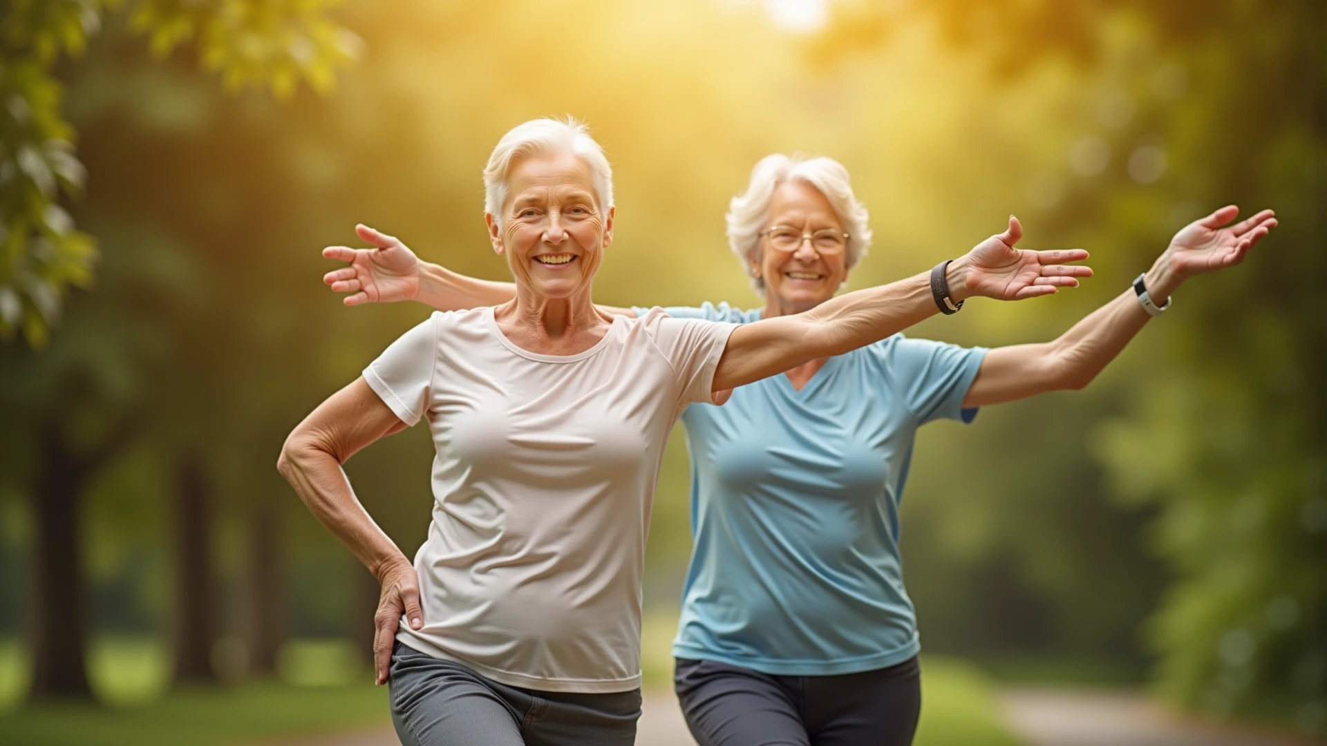 An outdoor park on a sunny day. Show at dinner ((an elderly couple)) in colorful sportswear, ((smiling and doing physical exercises)) (highlighting its flexibility and freedom of movement, symbolizing pain relief and a high quality of life). The background is filled with lush green trees and a clear blue sky. The general mood is happy and active.