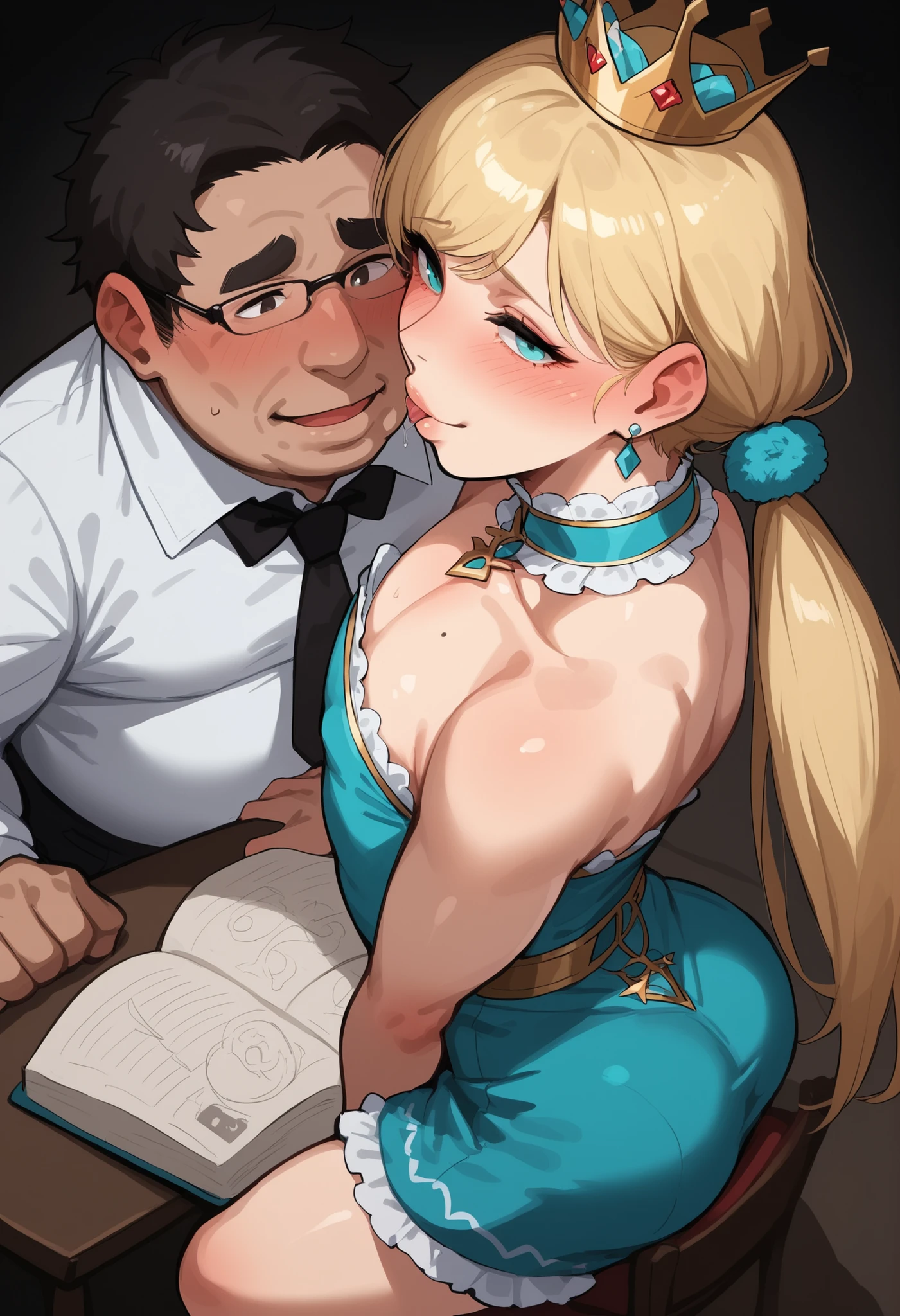 score_9, score_8_up, (candydoII boy with milfy slim sculpted body), puffy thicc man-chest:1.2, puffy chest, solo sugar femboy w/ mature body, (anime mature femboy with pale-blonde shoulder-length hair with swept bangs), (mommy style loose low ponytail over-shoulder), (chest tiny dot mark), masterpiece, best quality, (taken from dynamic masterful angles), anime moe artstyle, well-toned waifu, (mature extremelybeautifulfemboy with lean perfection abdomen:1.5), in royalty kingly study on matter of state with older ugly fat ojiisan council men, (ample littIe femboys natural smaII puffy thicc man-chest), Curvy body, (thick fleshy arms), oh my god that arms are so sexy!!, Hd eyes, BREAK, Half body photograph of a cute and attractive erotic femboy in a secluded indoor kingly royal dining hall ::3 dinner royal party, form - fitting sleeveless bare-shoulder strapless Bodycon nightclubing party mini bodycon with cleavage that accentuates his perfect body ::2, bodyconian, lace collar, strapless, bareshoulder sleeveless, prince crown-tiara, fixing hair behind ear, sitting on royal chair by the royal table - arm on table hand supported cheek, with ugly fat older ojiisan men in background settings, femboys an effeminate-prince attend to paunchy noblemen to chat, wide view, full of men baclground settings:1.2, ugly fat old man huge veiny girthy flaccid cock leaking cum on book, (man hugging and fondling femboys erotic puffy flat man-chest), (with balding fat old man with receeding hair), old man kisses femboys cheek, BREAK, Photograph captured using a Canon 6D Mark II with an 85mm lens at f/ 4 and ISO 100 ::3 Glamour shot, award - winning photograph, sharp focus, dynamic lighting ::1, from side, half body high angle cowboy shot,