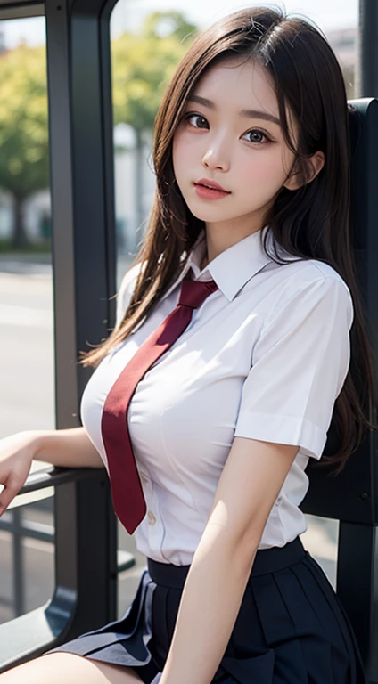 (classroom), (Beautiful and vibrant background), ((((Huge_chest)))), (A fitted white short-sleeved collared shirt), (Checkered Pleated Skirt), (high school girl), (tie:1.2), (Beautiful black eyes down to the last detail), (Sit at a desk), (Attractive thighs:1.4), (Full Body Shot:1.4), Big eyes, (Heart shaped eyes), (1 girl), (Beautiful Face), Perfect Face, (High nose), Laugh a little, Embarrassing, Laughing with your mouth open, Highest quality, High resolution, (Beautiful mature girl), (original), (masterpiece), (Very nice and beautiful), (Perfect detail), (Unity CG 8K Wallpaper), (Photograph the lower body),