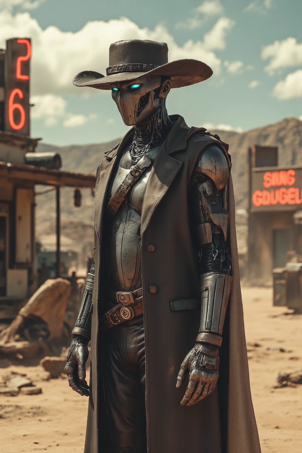 there is a man in a cowboy outfit walking down the street, movie still of a villain cyborg, 500px photos, full - body artwork, steam necropolis, realistic shaded robotic parts, high noon, biped, awarded winning photo, astral clockwork, style of nekroxiii, outlaw --auto --s2