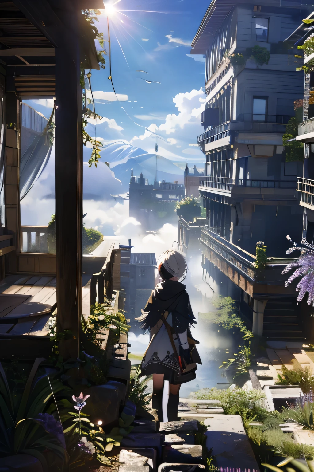 Gravel Mountainと雲海、A girl wearing a cloak standing on top of the rubble , A world above clouds, Gravel Mountain, Ruins and remains of collapsed buildings , A desolate world view , A fantastical landscape with clouds , Morning Sun , A temple on top of the rubble々Stand , Looking into the distance , Hair and clothes fluttering in the wind , The rubble is gray or brown , The sea of clouds is a blue and white gradation , A bright accent color for the bard(red or purple) , light and shadow , highly detailed fantastic art , widescreen of wisteria trellis in full bloom , multiview,
photo quality, masterpiece, best quality, In 8K, high resolution, 1gir, yorha no. 2 type b,
blindfold, (black blindfold:1.5),