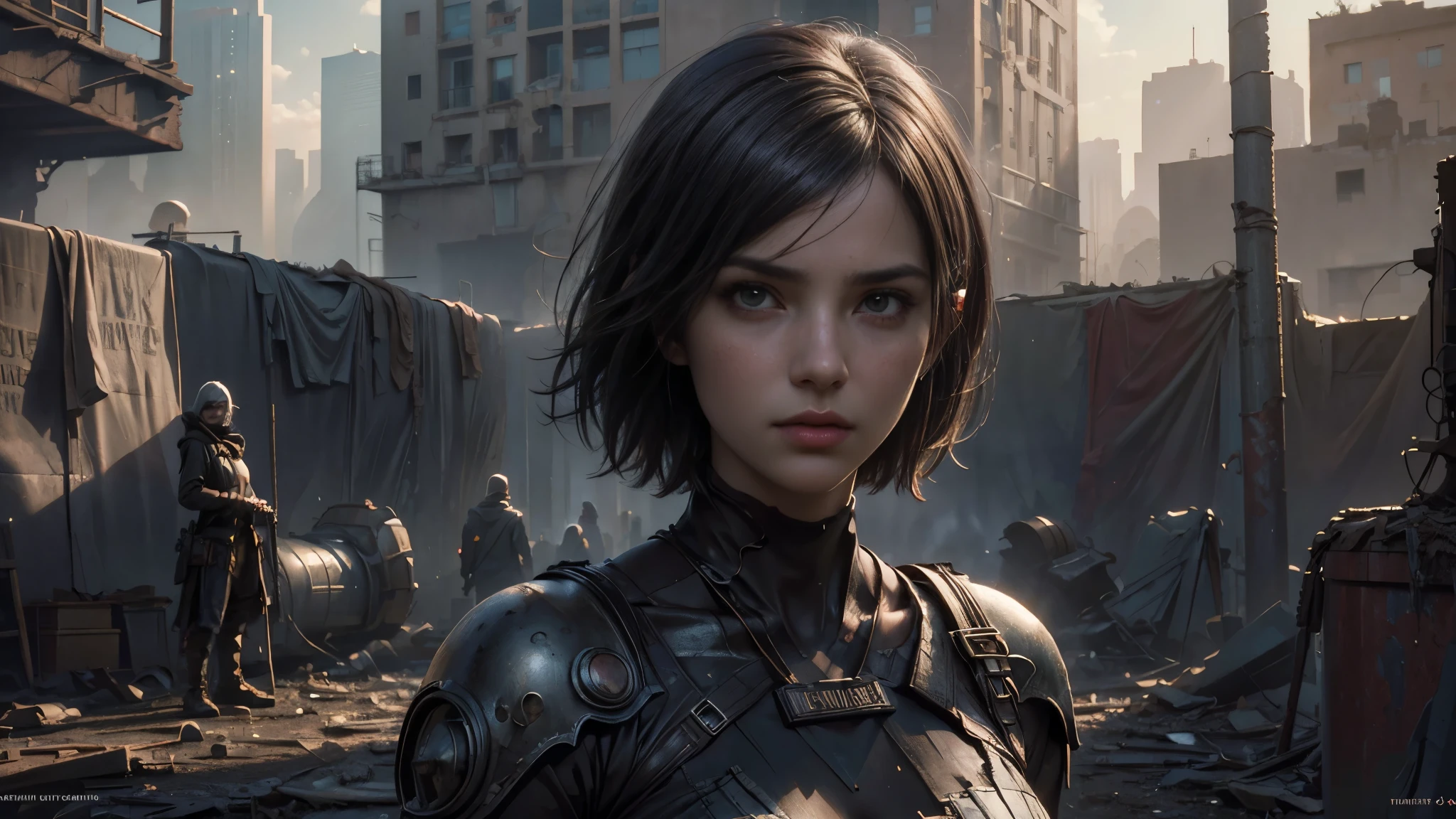 masterpiece, high resolution, 8,000,( Portrait Photos:1.5),(R original photo),Reality,Digital photography,(Ruins of the Apocalypse , apocalyptic wasteland ),City ruins,Dirty Girl,sentry, post-apocalyptic scene ,( upper body photography :1.howing her navel), Worn Clothes,looking into the camera,big breasts, short hair,由Greg Rutkowski、 conceptual art by John William Waterhouse, intricate details, 8K production, high resolution , super detailed, are very popular on Artstation , Clear Focus , depth of field/1.8,