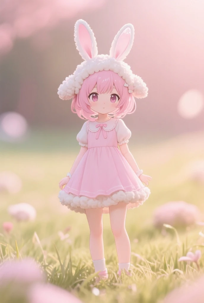 charming and adorable young cat-girl, reminiscent of the beloved Hello Kitty character. She stands at a petite height of 4'10" (147 cm), emphasizing her endearing and innocent appearance. Her soft, pastel pink fur covers her entire body, complete with a cute little tail that gently sways as she moves. Kiki's bright, round eyes sparkle with a warm and inviting hue of sky blue, reflecting her kind-hearted and friendly nature. Her tiny, button-like nose sits delicately on her sweet face, and her whiskers add a touch of feline charm. is a perfect blend of cute and fashionable, with a touch of retro flair. She wears a pastel pink dress with a flared skirt, adorned with subtle white polka dots, reminiscent of Hello Kitty's iconic bow. A white collar with a pink ribbon accentuates her neck, symbolizing her love for all things kawaii. To complete her look, she dons white knee-high socks with pink bows on the sides and matching pink Mary Jane shoes --auto